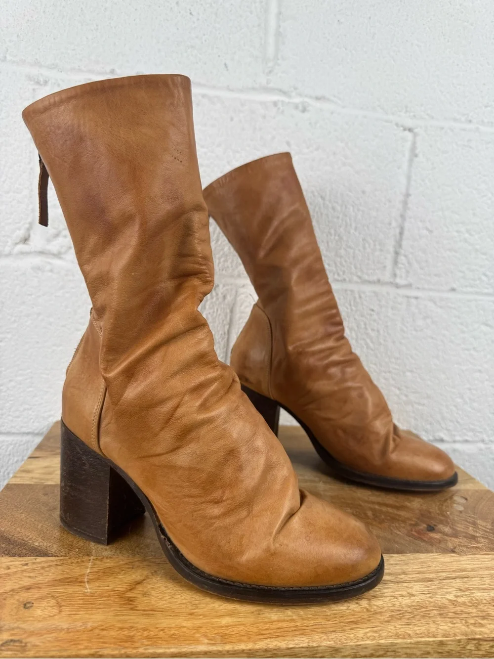 Free People Elle Bootie Tan Brown Leather Slouchy Block Heel Boots Size 37